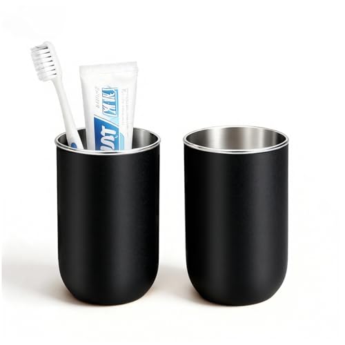 Oasiteege Stainless Steel Toothbrush Cup Holder 13oz Unbreakable Reusable Kids Bathroom Tumbler Cup & Tooth Brush Holder Organizer for Shower Mens Countertop Toothpaste Storage Set Black 2 Pack
