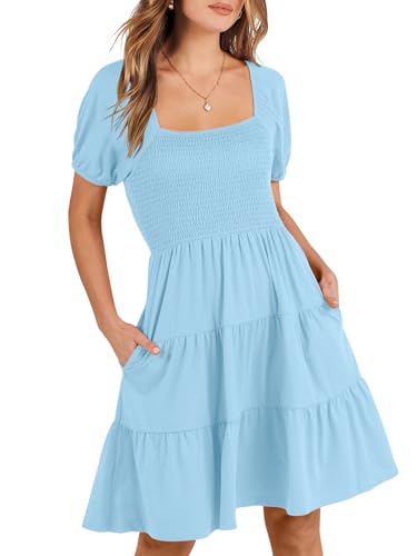 Image of ANRABESS Womens 2026 Summer Casual Dress Square Neck Puff Sleeve Boho Beach Vacation Short Dress