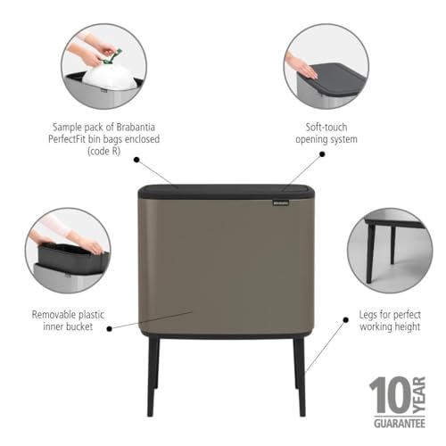 Image of Brabantia Bo Touch Top Kitchen Trash Can with Single Compartment & Raised Legs | Platinum | 9.5 Gal Inner Bucket | Soft-Close Garbage Can, Stay-Open Lid | Fits Against Wall | + Trash Bags