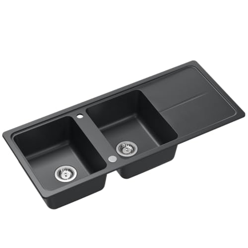 QUADRON NEAL 121 Evier en granit pour cuisine, dimensions : 116 x 50 x 20,5 cm, couleur : noir, Evier de cuisine à un bac, Evier de cuisine à deux bacs,...