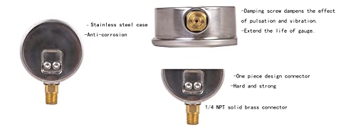 Pressure Gauge,Liquid Filled,2.5" Dia,0-400 psi/bar/kpa,1/4" NPT Male Brass Connection,Lower Mount, Polycarbonate Lens Window, Stainless Steel case