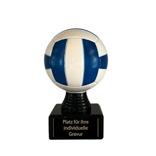 eberin Trofeo de voleibol de 13 cm – Figura de voleibol en azul y blanco de plástico sobre base de mármol – Incluye placa grabada – Trofeo para torneos, clubes y escuelas