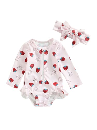 Toddler Girl Strawberry Print Swimwear Jumpsuit Long Sleeve Zipper One-Piece Bathing Suit with Headband