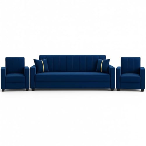Image of FURNY Cosmos 5 Seater Fabric 3+1+1 Sofa Set (Dark Blue) Premium Velvet Finish | Durable Comfort | Ideal for Living Room