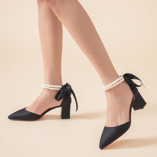 Elivandon J1585 Women's Satin Pointed Toe Mid-Heel Evening Sandals 2.36 inches Block Heel Bridal Party Wedding Pumps with Double Pearl Strap2
