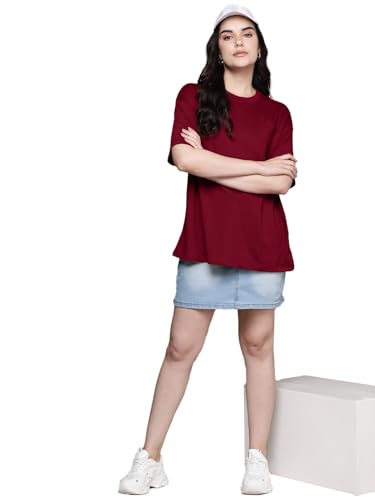 Image of LEOTUDE Women's cotton Oversized Fit Oversized Half Sleeve Tshirt, Round Neck Longline Drop Shoulder Solid T-Shirt