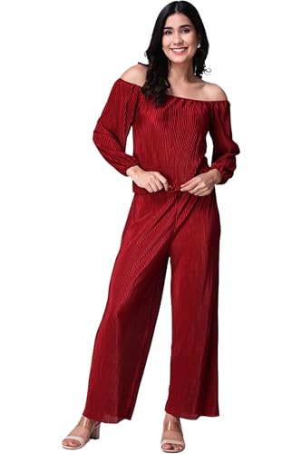 Image of POPWINGS Casual Wrinkle Full Sleeves Off-Shoulder Top and Palazzo Co-ord Set for Women || Co-Ords Set for Women Stylish Western || Top and Palazzos Set for Women|| 2 Piece Set for Women