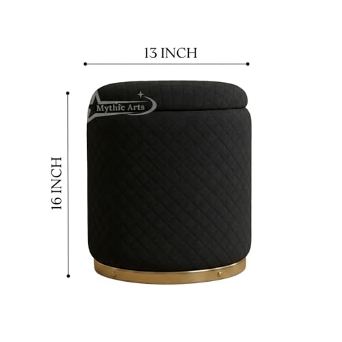 Image of Premium Round Storage Ottoman Stool 13 X 13X 16 inch, with Gold Metal Base | Luxury Pouffe with Hidden Storage | Cushioned Footrest for Living Room, Bedroom & Lounge Black