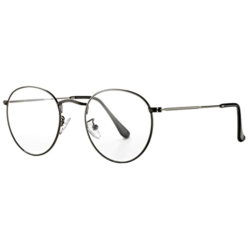 HJSTES Round Blue Light Glasses for Women Men Retro Circle Clear Lens Metal Frame Eyeglasses, A07 Gunmetal (Blue Light Blocking Lens), MM