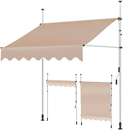 TRAGLO Manual Retractable Awning Sun Shade Shelter Polyester Made Outdoor Canopy Adjustable Pergola Shade Cover with UV Protection and Easy Crank Opening for Patio Deck 78in Whiteframe-Beige