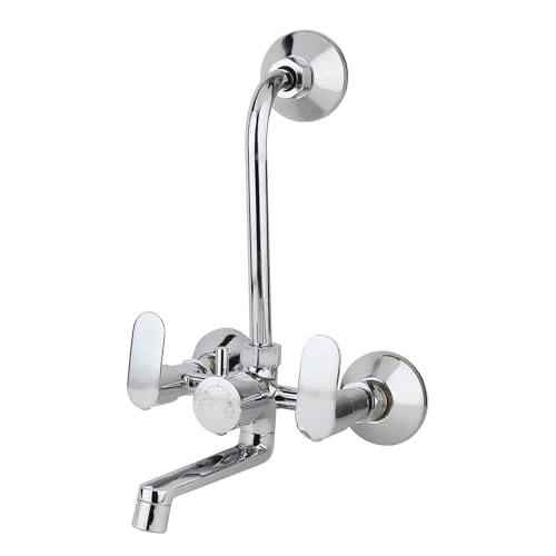 Image of BATH GURU Brass Wall Mixer With L Shape Overhead Shower Attachment Provision, Chrome Finish, 2 In 1 Bathroom Wall Mixer Tap