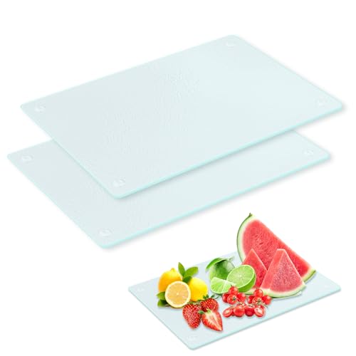 Schneidebrett Glas 2 Stück Glasschneidebrett Transparentes Glasplatte mit Rutschfesten Silikonfüßen Glasbretter für Die Küche Glass Cutting Board für Gemüse Fleisch...