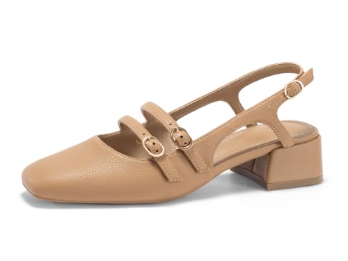 Image of Coutgo Women's Mary Jane Chunky Low Heels Slingback Pumps Closed Square Toe Wedding Dress Shoes