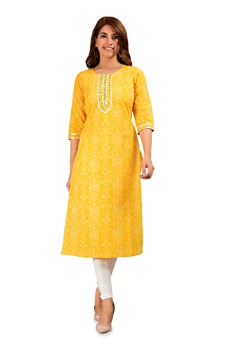 Image of COTLAND Fashions Jaipuri Cotton Straight Printed Kurta for Women (Sunflower Yellow)