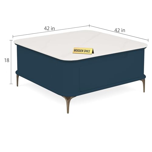 Image of WOODEN SPACE Premium Solo Marble-Top Wooden Center Table for Living Room | Iron Legs | PVD Coating | Modern Entryway Furniture | Coffee Table (Royal Blue)