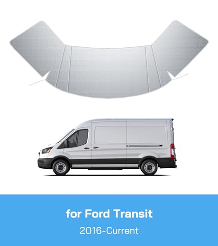 VANNCAMP Windshield Cover for Ford Transit 2015-2026 Motorhome,Van, Front Window Sunshade, Class B Oxford Front Cover for UV Protection & Privacy Shield, Sliver with Mirror Cutouts