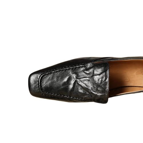 TinaCus Women's Genuine Leather Plicated Square Toe Handmade Chunky Heel Loafers Pumps Shoes2