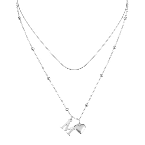 Hittriu 2 collares para mujer, collar con dije de corazón inicial y collar de cadena de serpiente, joyería en capas, regalos de cumpleaños para niñas y mujeres con caja de regalo, One Size, Acero