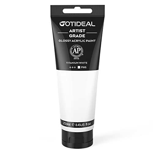 Image of GOTIDEAL Acrylic Paint Titanium White Tubes(250ml, 8.79 oz) Non Toxic Non Fading,Rich Pigments for Painters, Adults & Kids, Ideal for Canvas Wood Clay Fabric Ceramic Craft Supplies