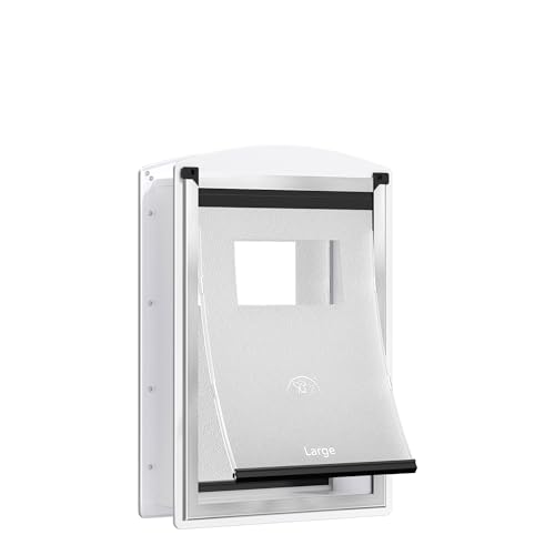 Decormax Dog Door for Wall, Steel Dog Door with Telescoping Tunnel, Weatherproof Pet Door with Two Sliding Lock Panels and Magnetic Flaps, Easy to Install, White, Large