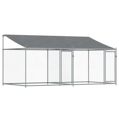 Hundezwinger mit Dach und Türen Grau 4x2x2 m, UV- & Wasserdicht Hundehütte Outdoor Hundehaus für große Hunde Garten, Verzinkter Stahl
