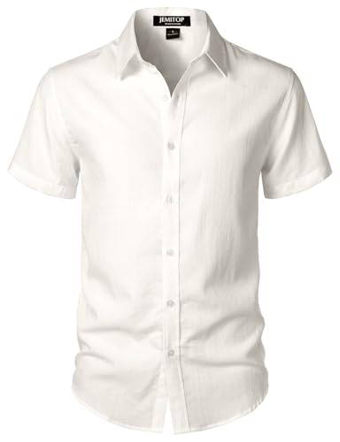 JEMITOP Men's Stretch Textured Short Sleeve Button Down Shirts Summer Casual Beach Wedding Vacation Button up Shirt Ivory White L