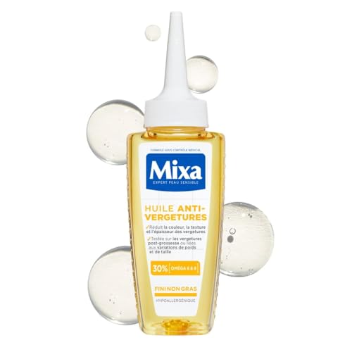 Mixa - Huile Corps Anti-Vergetures - 30% d’Omégas 6 & 9 - Réduit la Couleur, la Texture et l’Épaisseur des Vergetures Post-Grossesse ou Variations de Poids et de Taille - 100 ml