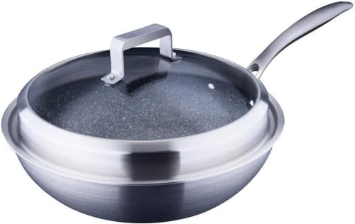 Sartén Wok para no Fumadores, sartén Antiadherente de 30cm de Acero de Tres Capas, sartén para Cocina de inducción, Olla de Acero Inoxidable con Tapa, sartén