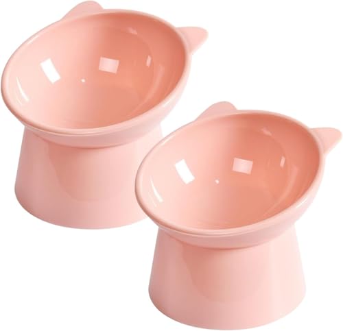 Elevated Cat Food Bowl 2 Pack Azonee Anti-Vomiting Slanted Cat Feeding Bowl Whisker-Friendly Shallow Design Cute Tall Green Cat Bowl for Comfortable Eating (Pink)
