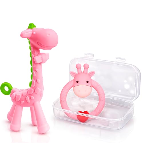 Image of SHARE&CARE BPA Free Silicone Giraffe Baby Teether Toy with Storage Case, for 3 Months Above Infant Sore Gums Pain Relief and Baby Shower, Baby Teething Toys (Pink)