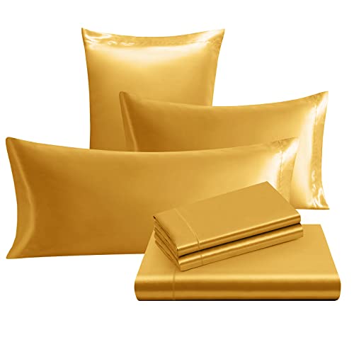 Image of Ersmak 7 Pieces Satin Sheets Set Queen Size, Luxury Silky Gold Satin Bed Sheets Set with 1 Deep Pocket Fitted Sheet, 1 Soft Flat Sheet, 4 Queen Pillowcases and 1 Body Pillowcase