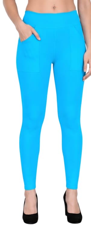 Women's Sky Blue Leggings with Side Pockets, High Waist, Stretchable Ankle Length-picture-40