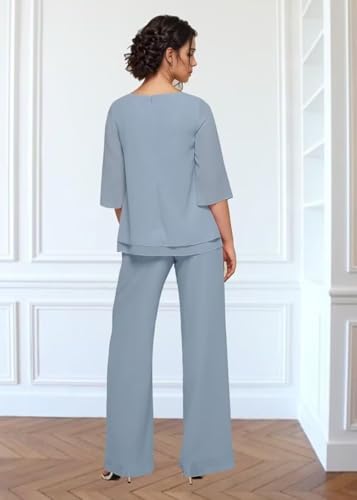 2 Piece Mother of The Bride Pant Suits 3/4 Sleeve Chiffon Pantsuit for Wedding Ruffles Formal Jumpsuits for Women Dressy3