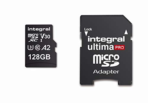 Speicherkarte 128 GB microSDxC UltimaPro, sehr hohe Geschwindigkeit bis zu 180 MB/s Lesen, 130 MB/s Schreiben, Klasse 10, V30, UHS1, U3, A2, SD-Adapter, by Integral Memory