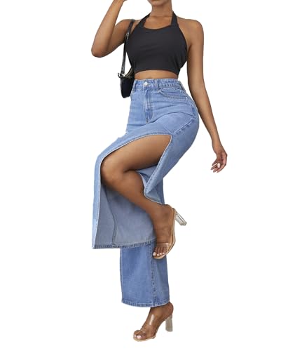Sexyshine Women's High Waist Side High Split Jeans Distressed Ripped Loose Wide Leg Long Denim Pants Club Streetwear