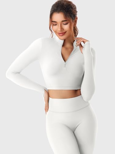 YEOREO Women Zip Up Long Sleeve Workout Crop Top Mock Neck Yoga Shirt2