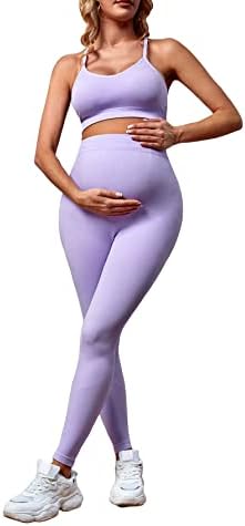OYOANGLE Women's 2 Piece Maternity Outfits Deep V Neck Wrap Crop Tank Top and Leggings Set Purple S