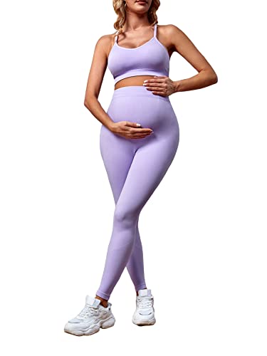 Oyoangle Women's 2 Piece Maternity Outfits Deep V Neck Wrap Crop Tank Top And Leggings Set Purple S #TOP1
