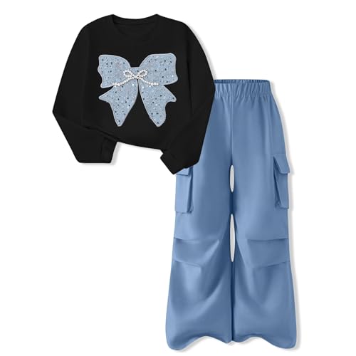 Image of Girls Clothes 2 Piece Cute Butterfly Sweatshirt & Flared Pants /Cargo Pants Winter Outfits for Teen Girls 7-14Y