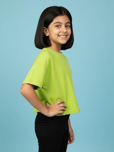 Image of KiddoPanti Girls 100% Cotton Solid Drop Shoulder Half Sleeve Round Neck Crop Tee