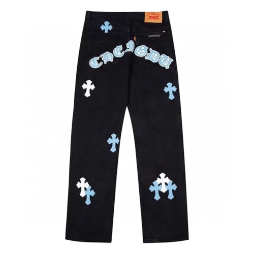 Men's Loose Fit Denim Pants, Elastic Waist Straight Leg Casual Jeans, Hip Hop Baggy Wide Leg Trousers with Patch Design2