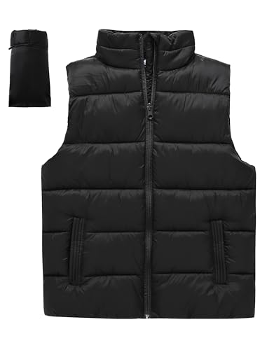 MoFiz Kids Packable Puffer Vest for Boys Lightweight Water-Resistant Kids' Outerwear Sleeveless Jacket with Zippered Pockets M (10-12 Years) Black
