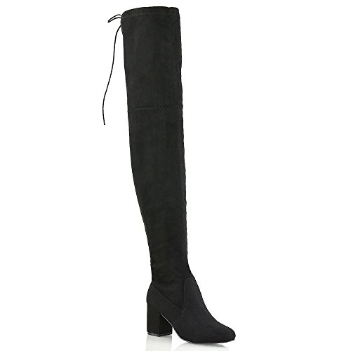 ESSEX GLAM Womens Thigh High Boots Ladies Black Faux Suede Over The Knee Lace Up Long Low Mid Heel Shoes 3-8