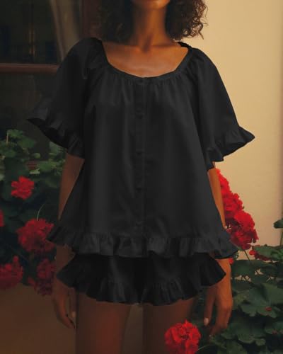 Image of Womens Ruffle Pajama Set Short Sleeve Button Down Top and Shorts | Cotton Ruffle Pajamas Set, Ruffle Shorts Set Women, 2 Piece Shorts Set for Women