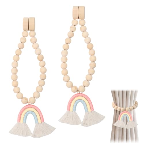 IETWATE 2PCS Curtain Tie Backs, Rainbow Tassel Pendant Magnetic Tie Backs for Curtains, Wooden Bead Magnetic Curtain Tiebacks, Boho Decor Curtain Ties, for Bedroom Nursery Farmhouse