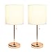 Simple Designs LC2002-RGD-2PK Rose Gold Stick Table Lamp Set with USB Charging Port and White Fabric Shades, 2 Pack Set