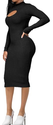Image of Oxgmoky Women's Church Long Sleeve Sweater Dress Ribbed Bodycon Midi Work | Soft ribbed knit bodycon midi sweater dress with sleeveless cut and round neck for church, work and dinners