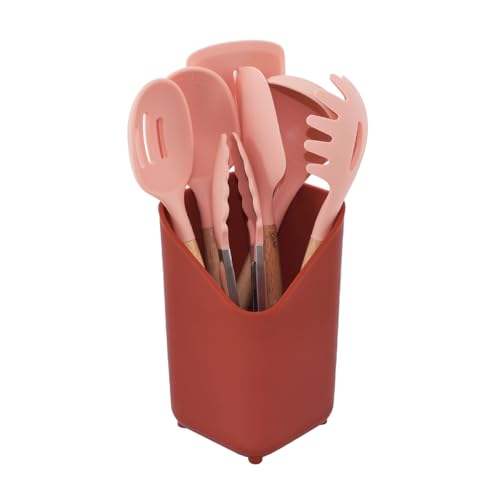 Glad Silicone Kitchen Utensils Set, 8pcs - Nonstick Cooking Tools with Wooden Handles and Utensil Holder - Spatula Set with Turner, Ladle, Spoons, Tongs, and Spaghetti Server - Rust