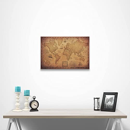 Push Pin World Map Board - With Push Pins to Mark World Travel - Handmade in Ohio, USA - Design: Golden Aged (24\" x 16\")