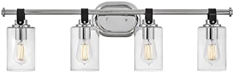 Hinkley Halstead 52884CM Large Four Light Bathroom Vanity Fixture, Modern Industrial, Clear Glass Shade, Faux Leather Strap, Chrome